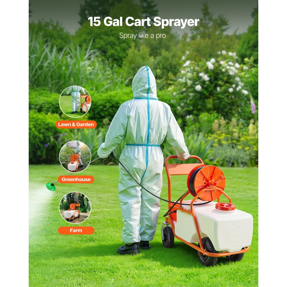 VEVOR Rasensprüher mit Rädern, einstellbarer Druck 0–90 PSI, Sprühgerät mit 60-L-Tank, mit 8 Düsen, 2 Zauberstäben, breiter Öffnungsdeckel für Garten, Jäten, Sprühen