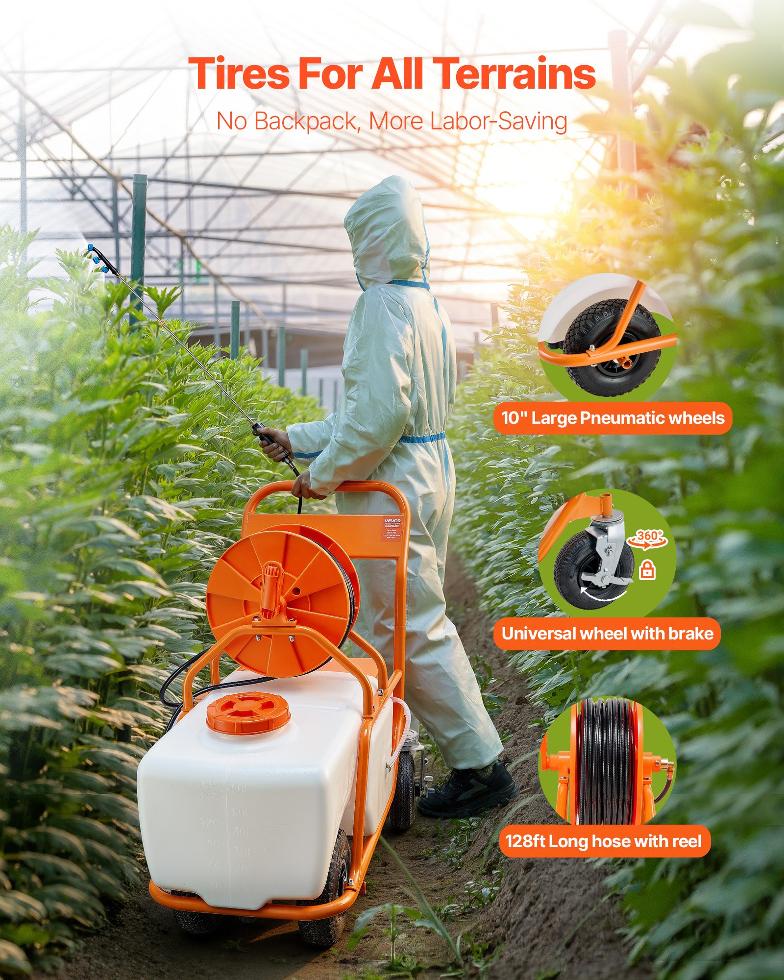 VEVOR Rasensprüher mit Rädern, einstellbarer Druck 0–90 PSI, Sprühgerät mit 60-L-Tank, mit 8 Düsen, 2 Zauberstäben, breiter Öffnungsdeckel für Garten, Jäten, Sprühen