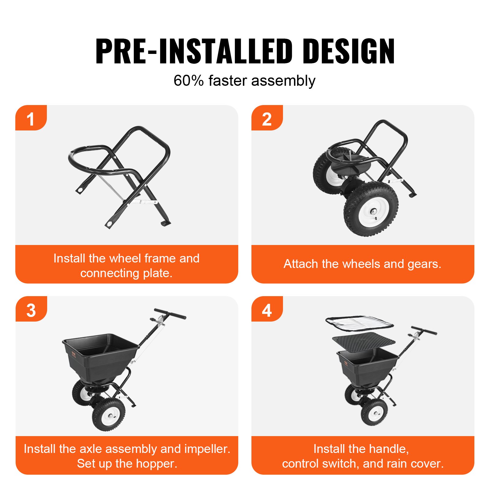 VEVOR Streuwagen 56L Saatgutstreuer 1145x545x830mm Düngerstreuer 0–3m Streubreite Schleuderstreuer 45kg Gewichtskapazität Handstreuer Streuhandwagen Q235-Rahmen Kunststoffrad Salzstreuer