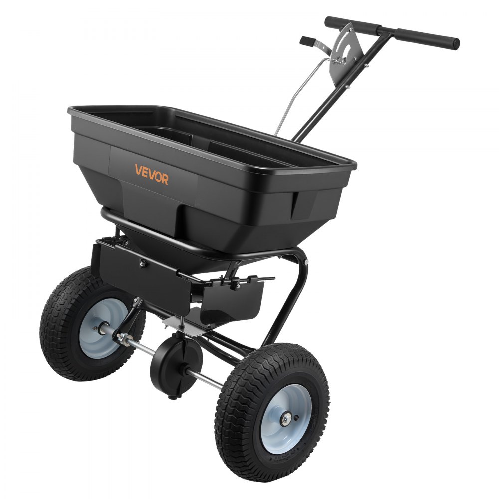 VEVOR Streuwagen, 59 kg Fassungsvermögen, Düngerstreuer 0-3,66 m Streubreite, Saatgutstreuer mit 33 cm Luftreifen, einstellbarer Durchflussmenge, Schleuderstreuer für Dünger, Saatgut & Streusalz
