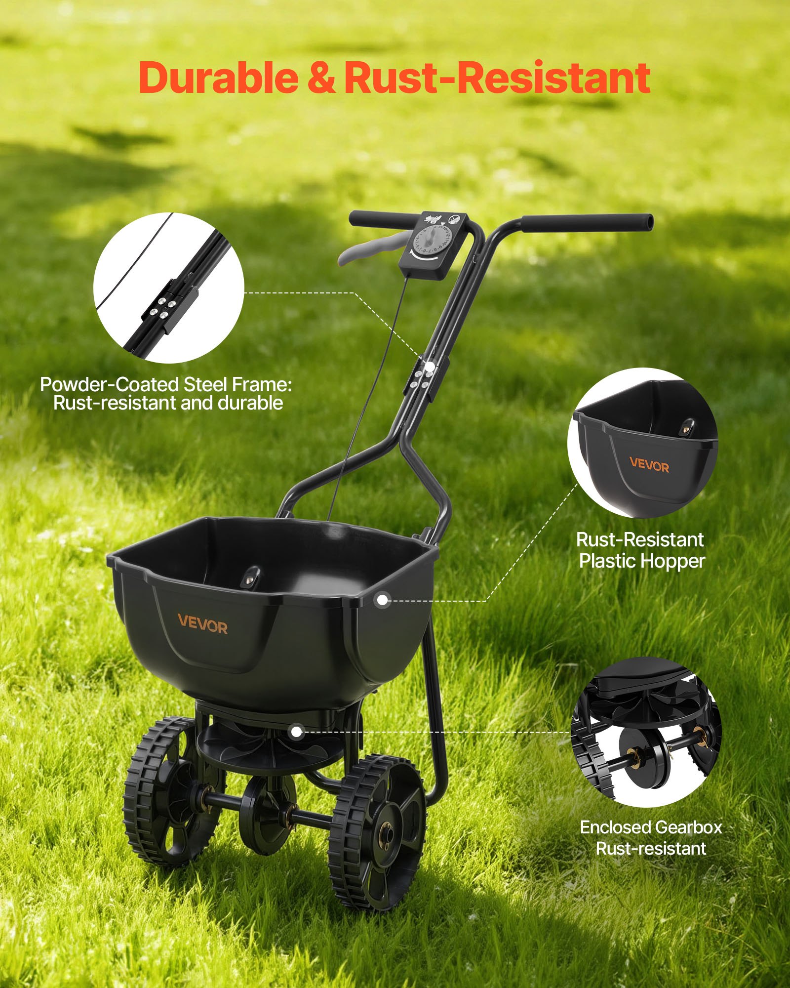 VEVOR Streuwagen 6,8 kg Fassungsvermögen, Düngerstreuer 3 m Streubreite, Schleuderstreuer mit 25,4 cm Reifen, einstellbarer Streumenge, Staatsgutstreuer für Dünger & Saatgut im Hausgarten