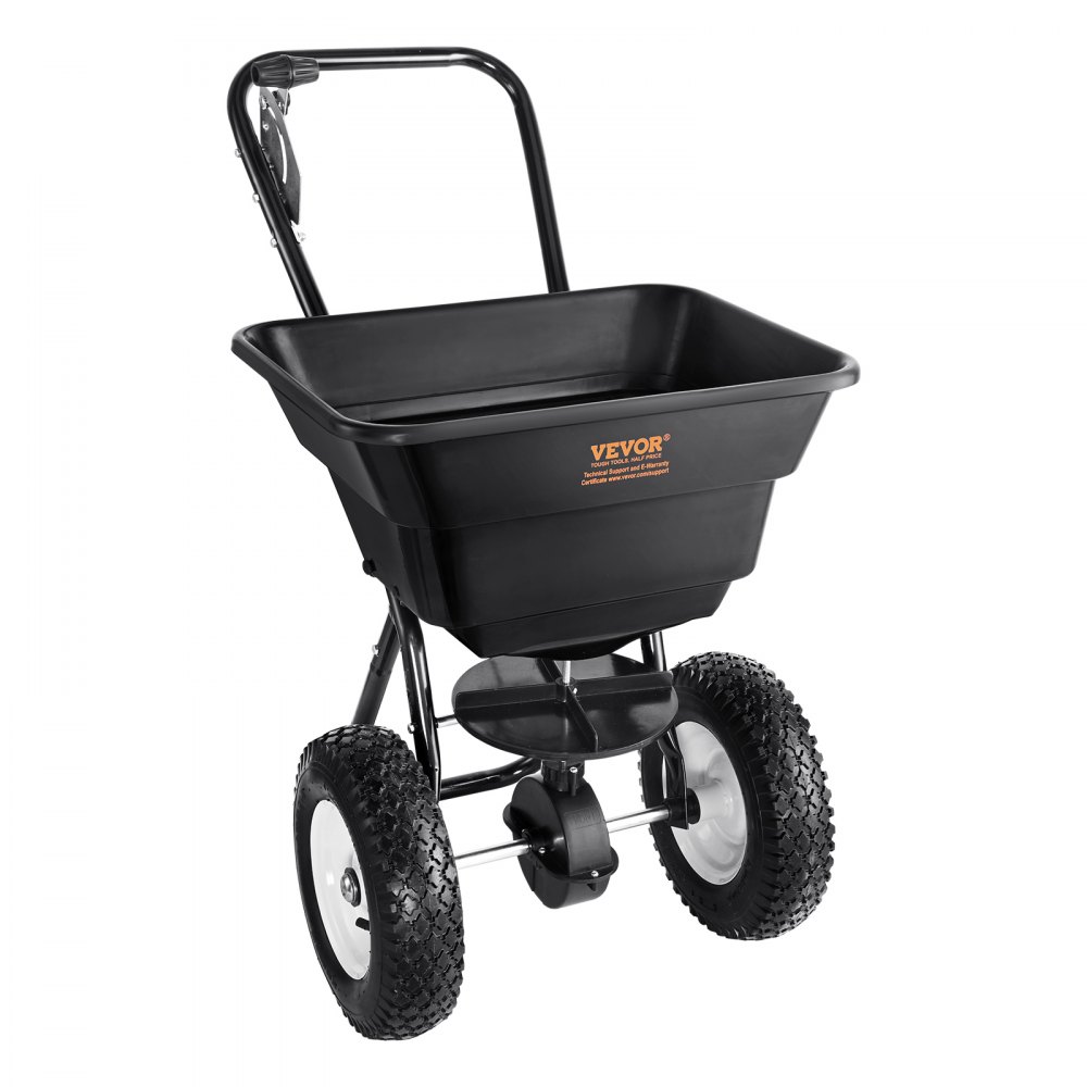 VEVOR 36,29kg Dünger Streuwagen Saatgutstreuer mit 12-Zoll-Rädern, Stahlspießbelüfter Düngerstreuer, Gartensämaschine & Salzstreuer, für Wohngebäude, Bauernhöfe, Schwieriges Gelände Schwarz