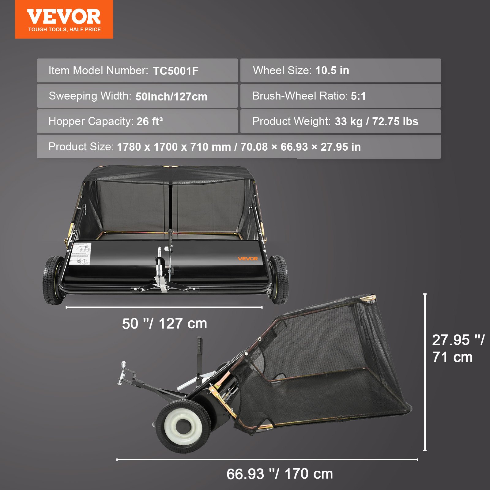 VEVOR Tow Behind Lawn Sweeper, 127 cm Pull Behind Lawn Sweeper, 26 cu. ft Large Capacity Leaf & Grass Collector, Heavy Duty Garden Sweeper with Adjustable Sweeping Height for Yard, Lawn, Farm