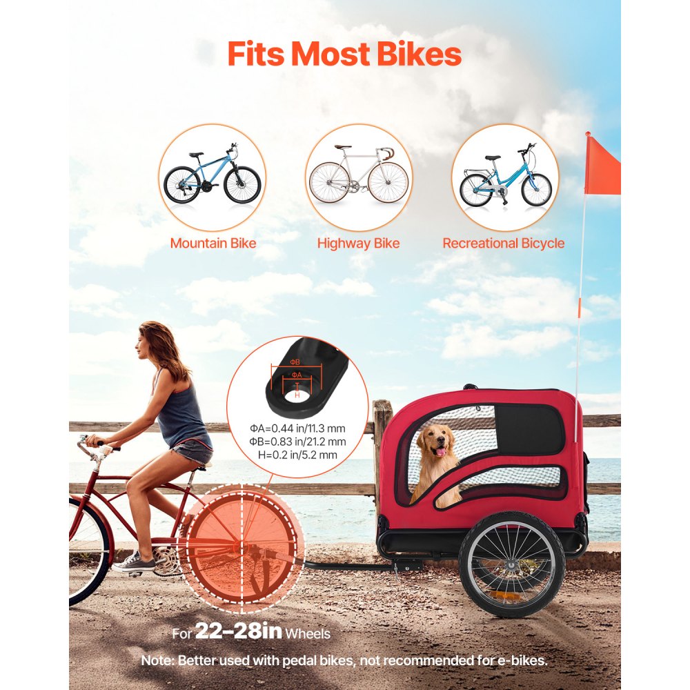 VEVOR Hundeanhänger, bis zu 45 kg, Haustierwagen-Fahrradträger für kleine & große Hunde, klappbarer Rahmen mit Rädern, universelle Fahrradkupplung, inkl. Flagge, interne Leine, 1350x720x840 mm