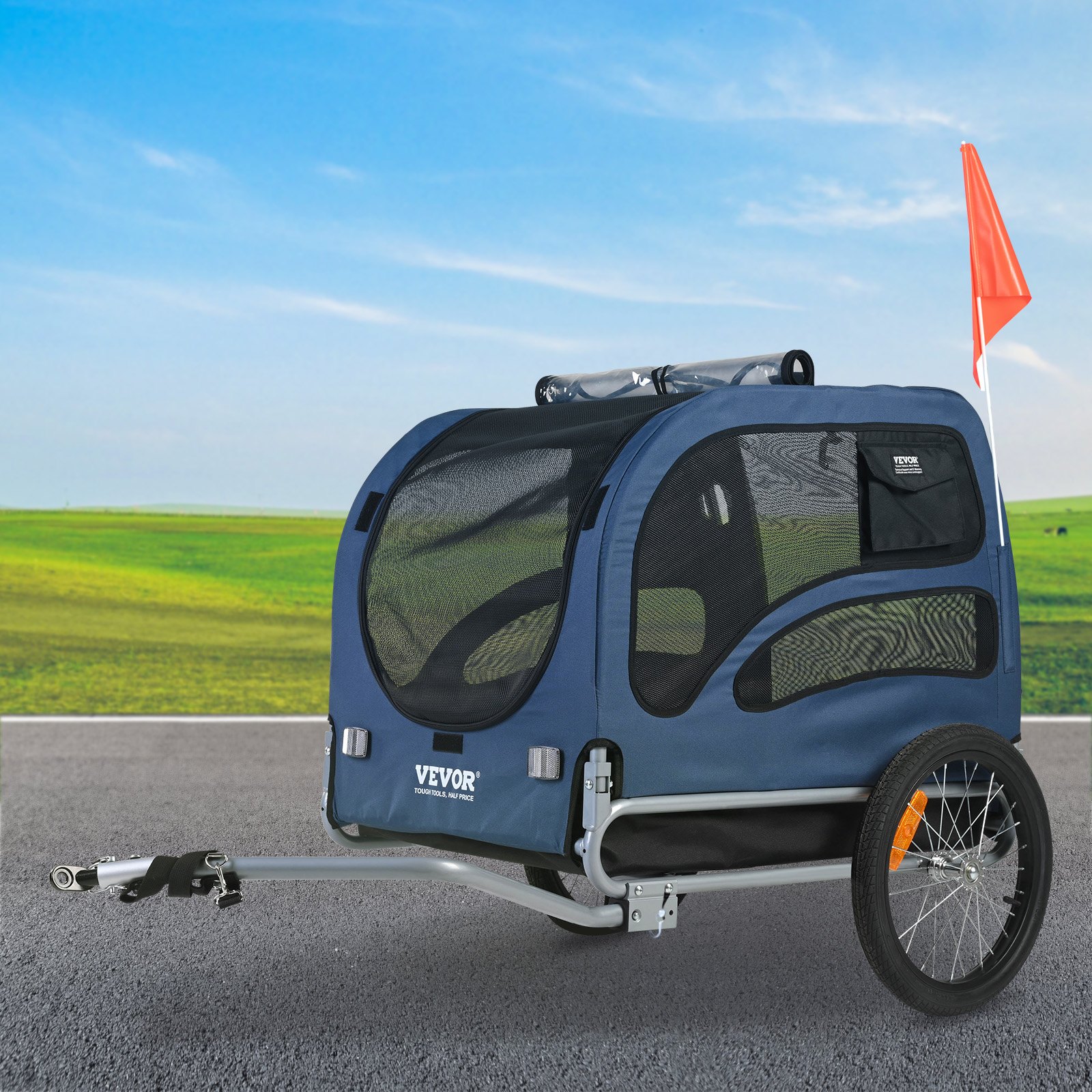 VEVOR Dog Trailer 45 kg Bicycle Trailer Carbon Steel + 600D Oxford Fabric + PP Foldable 1440 x 725 x 845 mm as a Trailer Folded Size 810 x 570 x 195 mm Blue