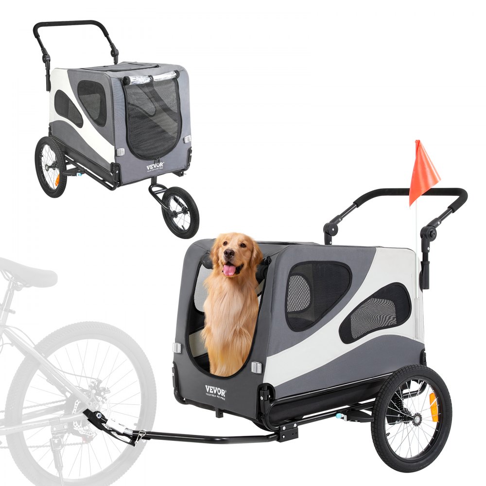 VEVOR-Hundefahrradanhänger in grau-weißem Design mit einem glücklichen Hund darin und an einem Fahrrad befestigt.