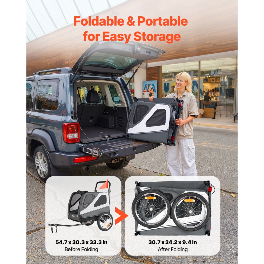 VEVOR Hundeanhänger, bis zu 45 kg, 2-in-1-Fahrradanhänger für kleine & große Hunde, klappbarer Rahmen mit Schnellspannrad, universelle Fahrradkupplung, inkl. Flagge, interne Leine, 1390x770x845 mm