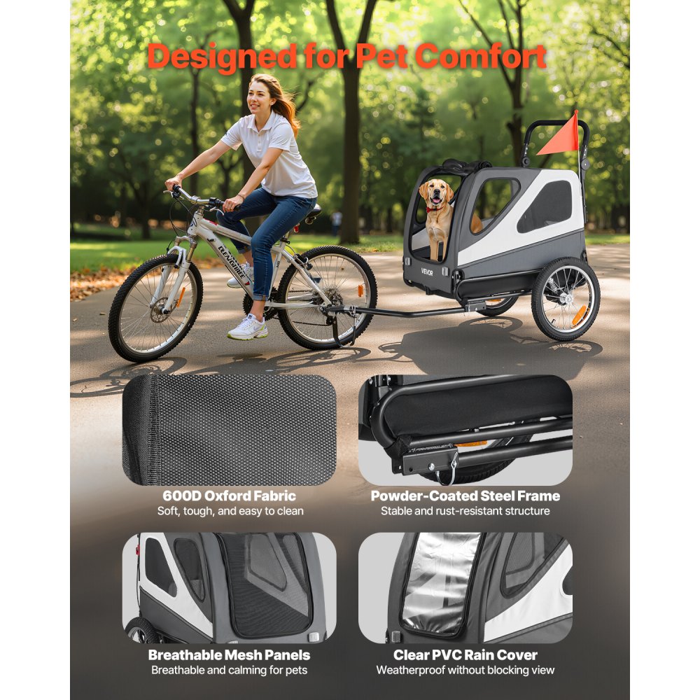 VEVOR Dog Bike Trailer, Supports up to 45 kg, 2-in-1 Pet Stroller Cart Bicycle Carrier for Small & Large Dogs, Easy Folding Frame with Quick Release Wheel, Universal Bicycle Coupler, Internal Leash