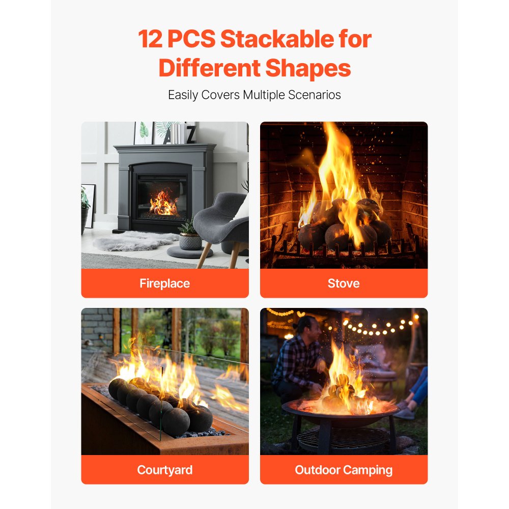 VEVOR keramische Steine für Kamin, 10,2 cm, 12 Stück Kieselsteine, wiederverwendbare Keramiksteine, dekorative Feuerstellensteine für Propan-/Gaskamin, Herd, Innenhof, Camping, Schwarz