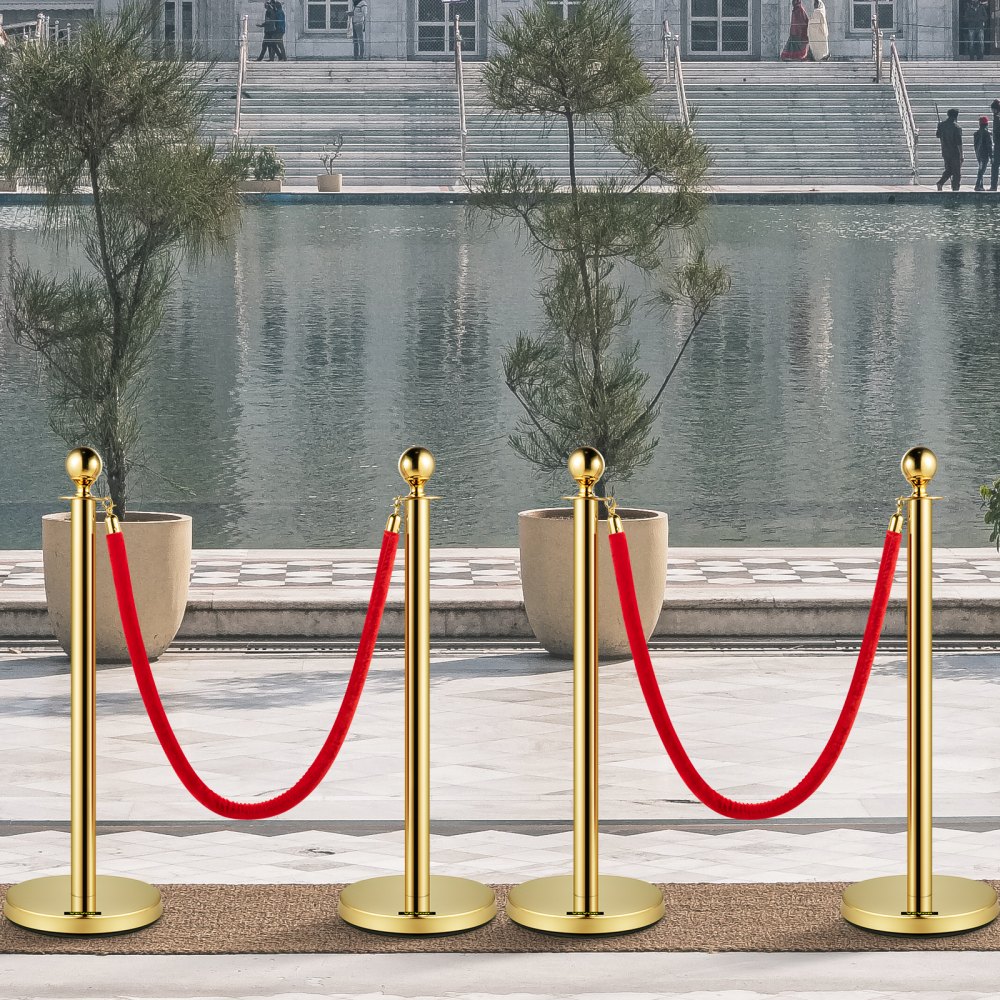 VEVOR 4-teiliges Personenleitsystem 96 cm Gesamthöhe Absperrung, Abgrenzungsständer Leitpfosten, Absperrständer mit 1,5 m Länge Seil für Hochzeiten, Hotels, Ausstellungen Goldener Absperrständer