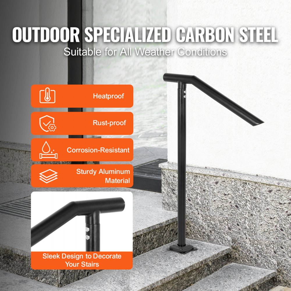 VEVOR Treppengeländer Stahl 102x71,3 cm Handlauf für 1 bis 3 Stufen Treppen Geländer 150 kg Traglast Eingangsgeländer formschön Handlauf Außen Rohrdicke 2 mm Schwarz Ideal für Outdoor-Garten Hinterhof
