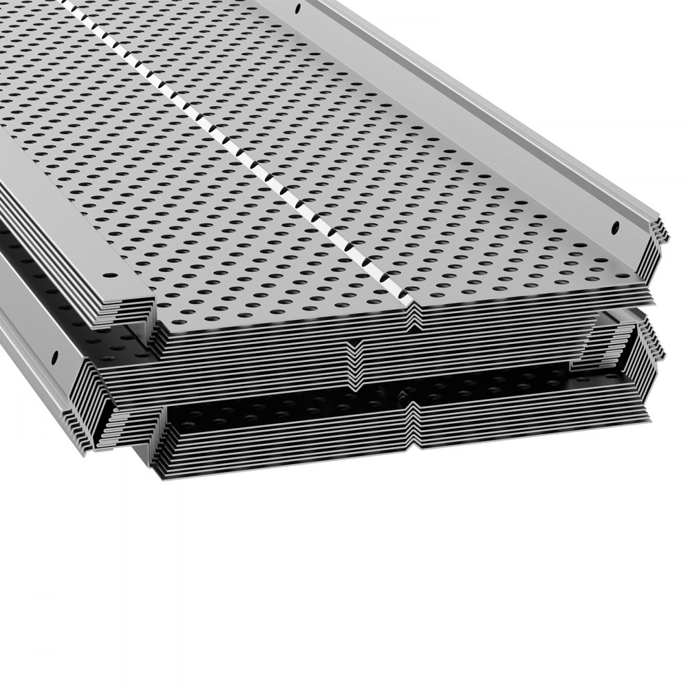 VEVOR gutter guards, 152 mm wide, aluminum leaf filters, DIY gutter cover, 26 pieces, 264 cm total length, 4 mm hole diameter and 0.5 mm thick. Raptor gutter guards