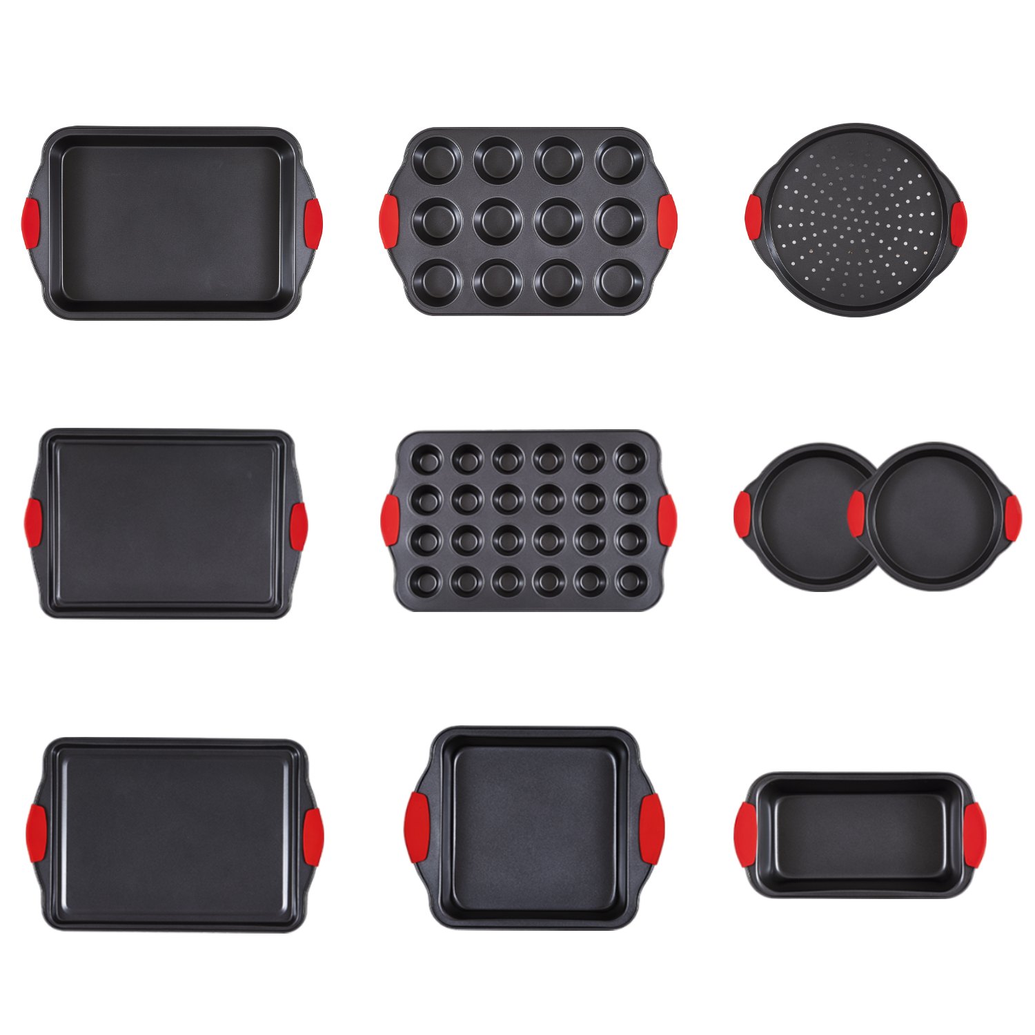 VEVOR Backformen-Set 10 tlg. antihaftbeschichtete Kochgeschirrplatten und -bleche Karbonstahl, Backgeschirr-Kochsets für den Küchenofen mit Silikongriffen, für Keksen Kuchen Muffins Brot schwarz