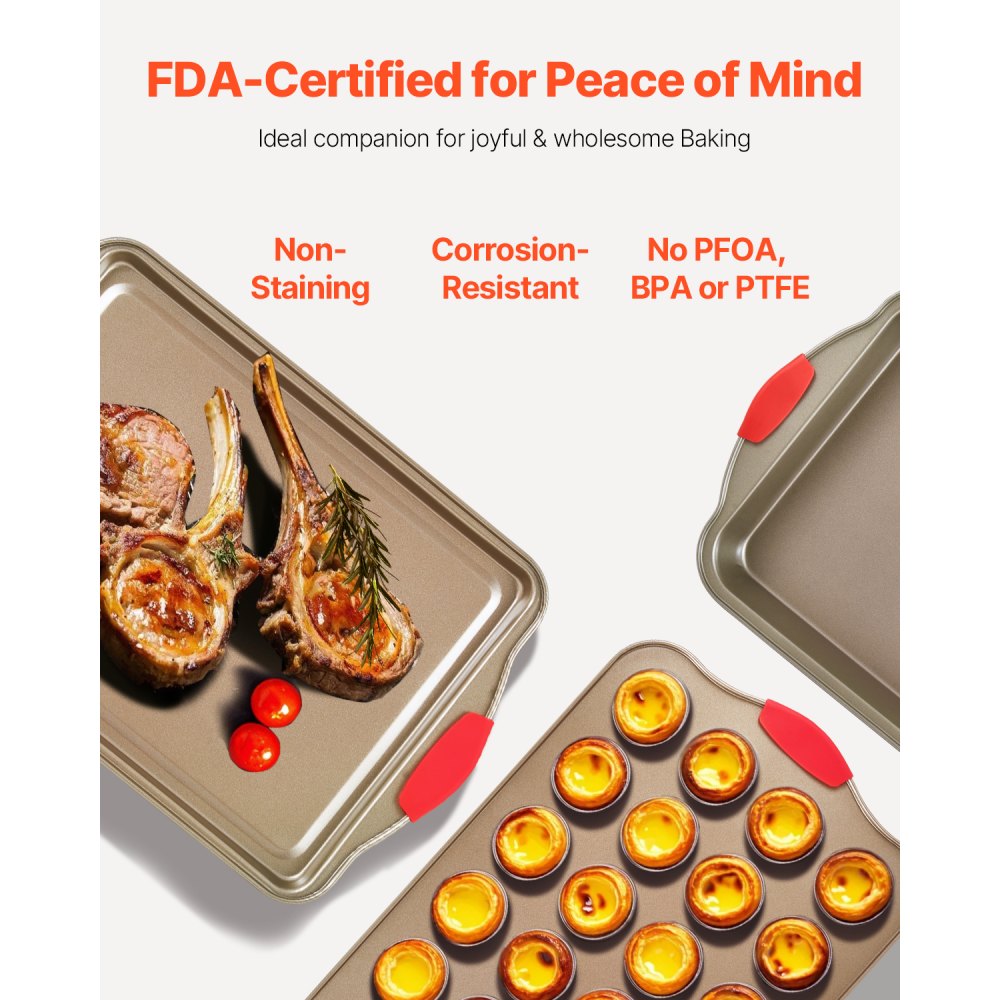 VEVOR Backformen-Set 10-tlg. antihaftbeschichtete Kochgeschirrplatten und -bleche aus Karbonstahl, Backgeschirr-Kochsets für den Küchenofen mit Silikongriffen, für Keksen Kuchen Muffins Brot Golden