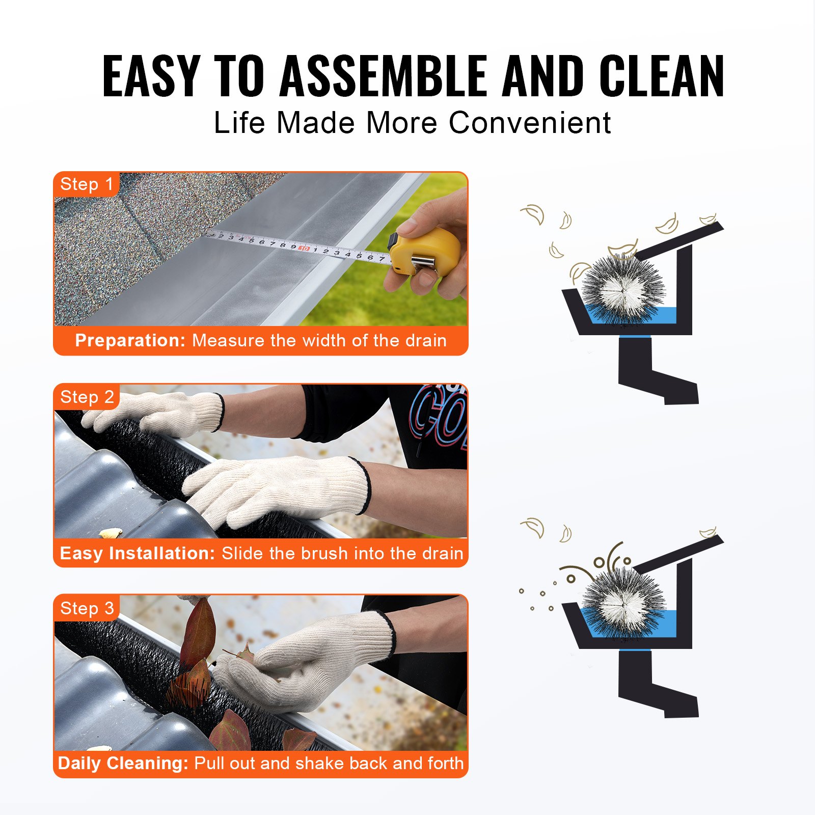 VEVOR Gutter Brush, 4.6 m Total Length, φ110 mm, Gutter Cleaning Tool, Leaf Guard for 12.7 cm Gutters, Effortlessly Removes Leaves and Debris from Roofs, 5-Pack