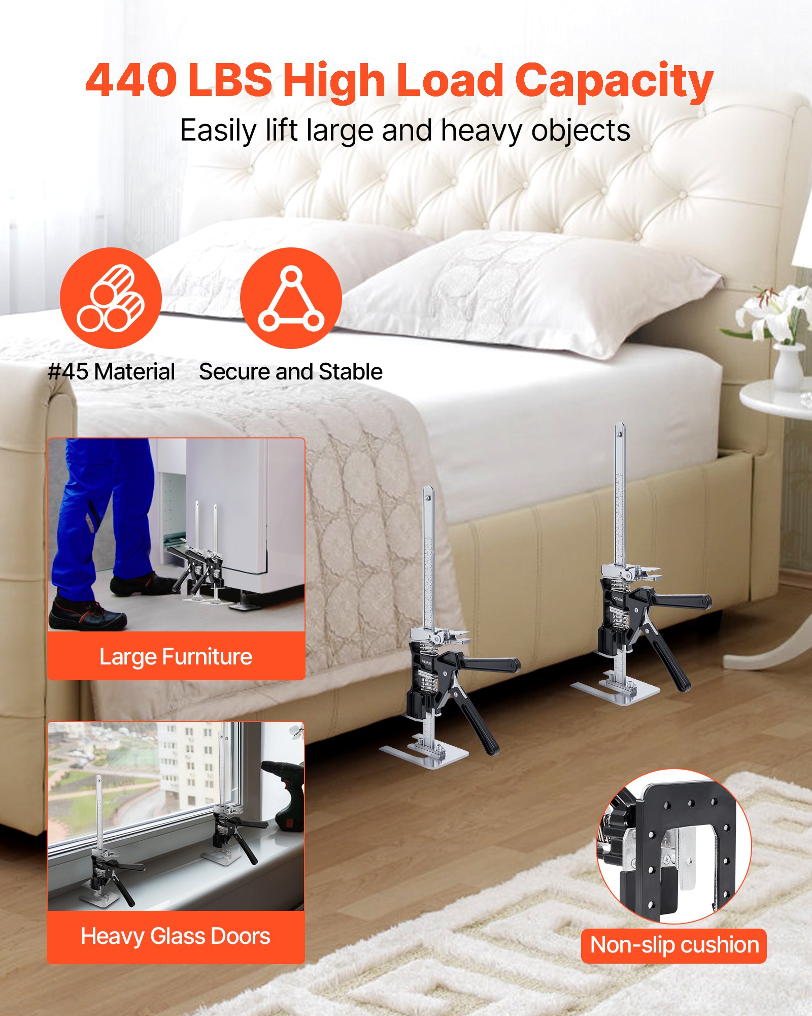 VEVOR Labor Saving Arm Jack, 2 PCS 200 kg Bearing Capacity, Lifting up to 235 mm, Metal Hand Lifting Jack Tool with Magnetic Level, 2 Adjustment Modes, for Door, Window, Furniture, Woodworking, Black