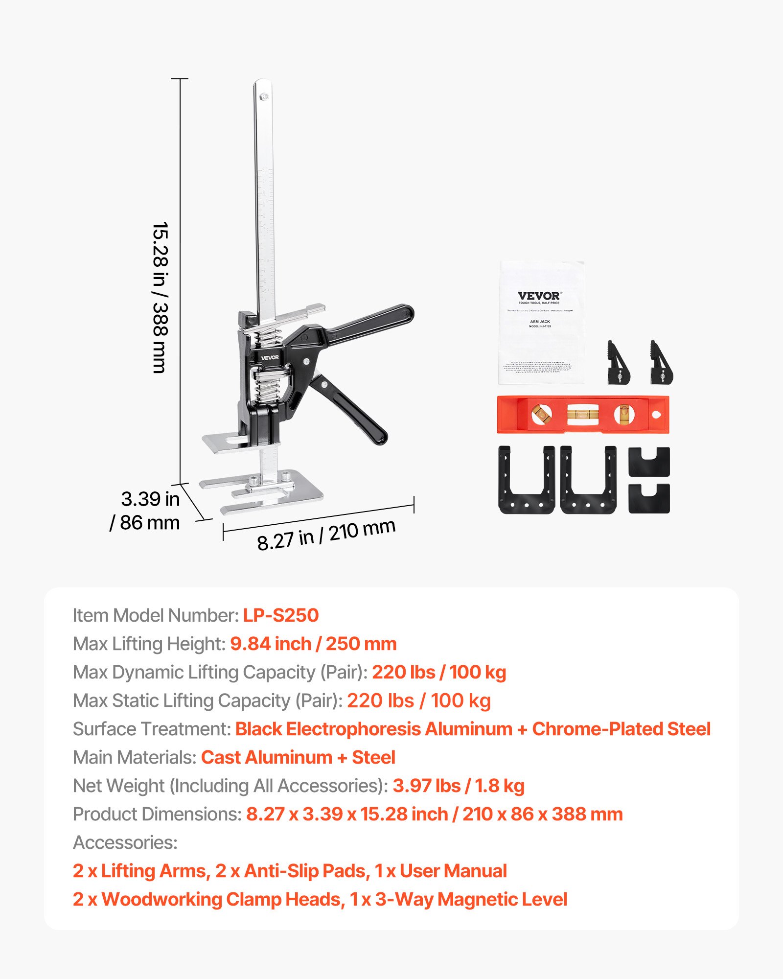VEVOR Labor Saving Arm Jack, 2 PCS 100 kg Bearing Capacity, Lifting up to 250 mm, Metal Hand Lifting Jack Tool with Magnetic Level, Adjustable Height, for Door, Window, Furniture, Woodworking, Black