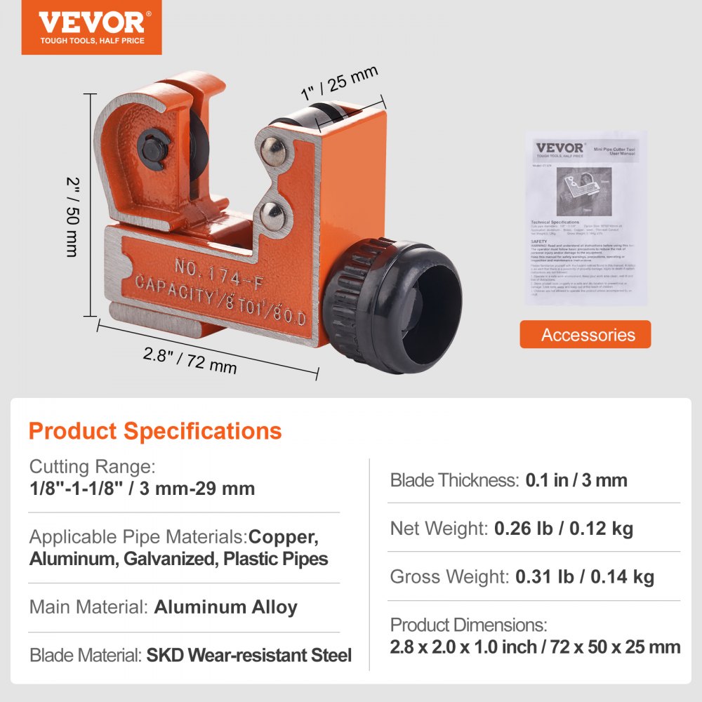 VEVOR Mini-Rohrschneider, 1/8–1-1/8" Außendurchmesser, Mini-Kupferrohrschneider, Rohrschneider-Werkzeug mit Hochgeschwindigkeits-SKD-Klinge für Kupfer-, Aluminium-, verzinkte und Kunststoffrohre