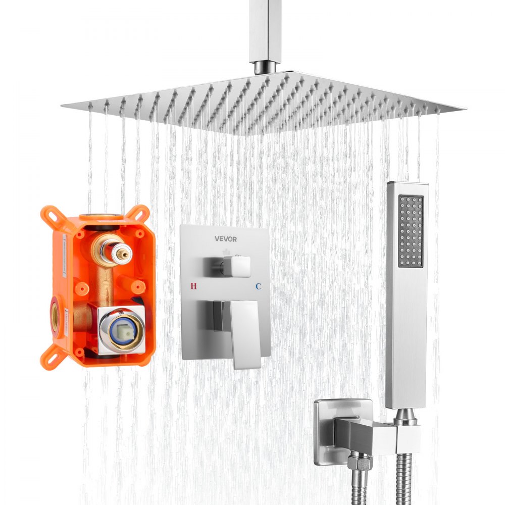 VEVOR Duscharmatur Regenduschsystem für Badezimmer Duschsystem mit 305 mm quadratischem Regenduschkopf & Handbrause, Deckenmontage Badezimmerarmaturen mit Messingventil & Zierset, gebürstetes Nickel
