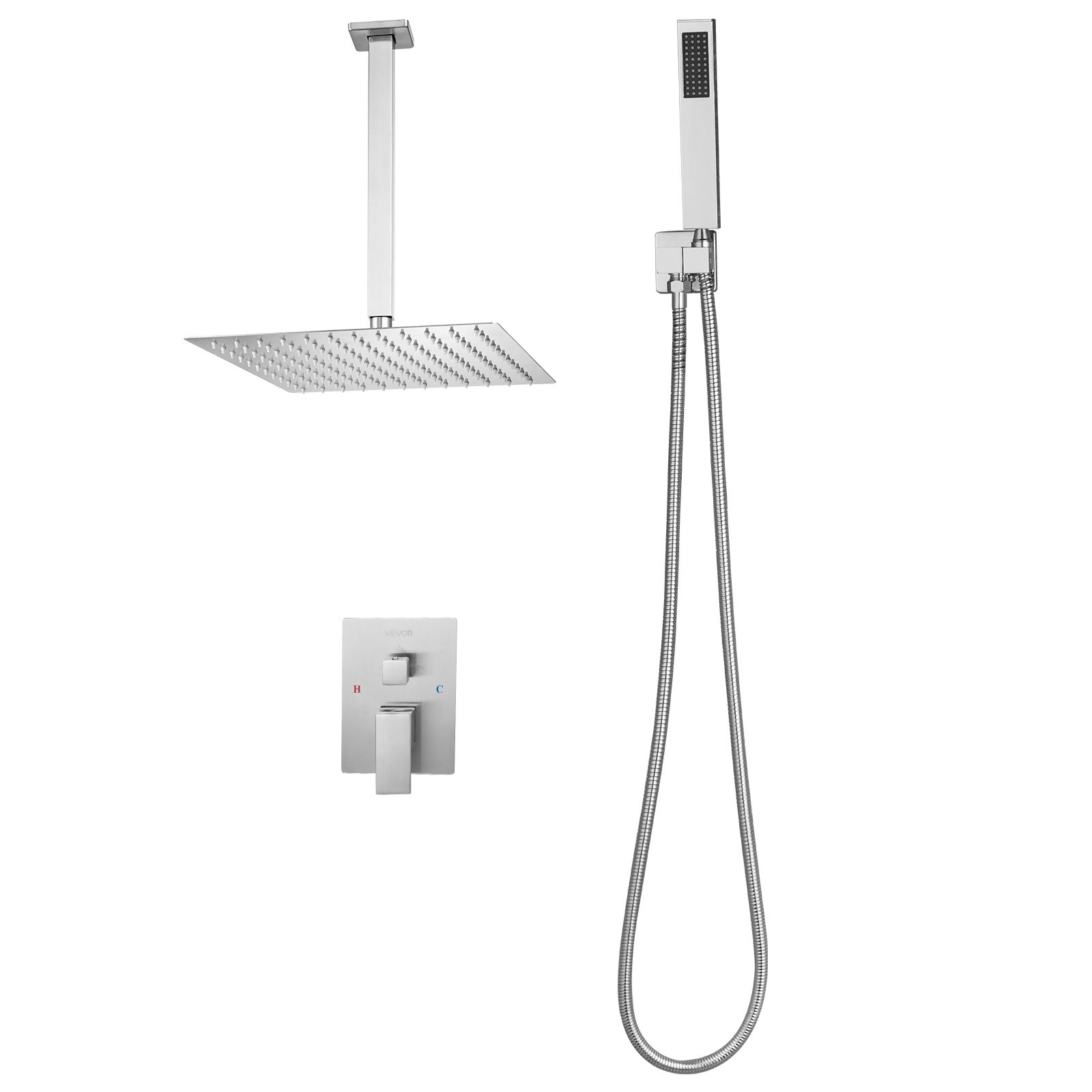 VEVOR Duscharmatur Regenduschsystem für Badezimmer Duschsystem mit 305 mm quadratischem Regenduschkopf & Handbrause, Deckenmontage Badezimmerarmaturen mit Messingventil & Zierset, gebürstetes Nickel