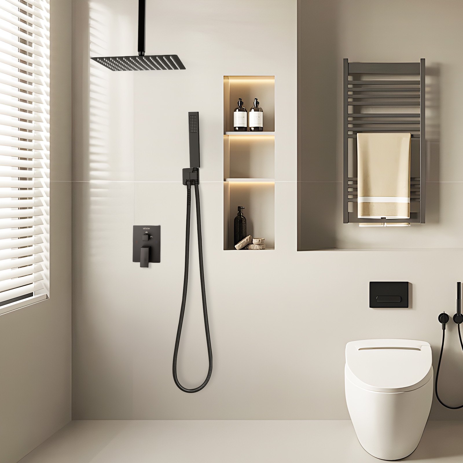 VEVOR Duscharmatur Regenduschsystem fürs Badezimmer Duschsystem mit 305 mm quadratischen Regenduschkopf & Handbrause, wandmontierte Badezimmerarmaturen mit Messingventil & Zierset, Mattschwarz