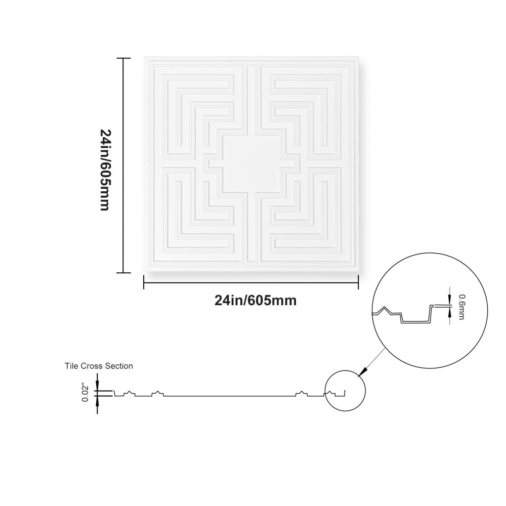 VEVOR Deckenfliesen, 12er-Pack 24 x 24 Zoll, abgehängte Deckenfliesen aus hochwertigem PVC-Blatt, einfache Installation/Zuschneiden, Kunststoff-Deckenfliesen zum Aufkleben, Deckenverkleidung für Heim-/Bürodekoration, weißes Echo-Muster