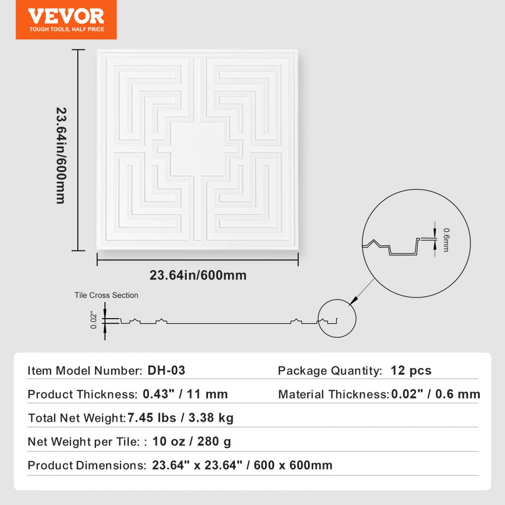 VEVOR Deckenpaneele, 12er-Set 600 x 600 mm, Deckenplatten aus PVC, Kunststoff-Deckenfliesen zum Aufkleben, Wandpaneele, Deckenverkleidung als Dekoration für Zuhause/Büro, Weiß Echo-Muster