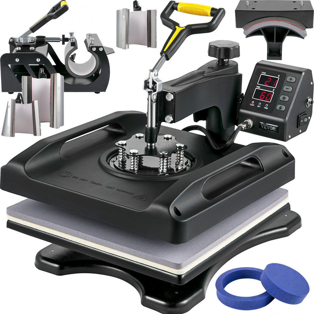 VEVOR 1200 W Hitzepresse 8 in 1 T-Shirtpresse 38 x 38 cm Schwarz Transferpresse Heißpresse T-Shirt zum Aufbringen von Buchstaben Zahlen und Mustern