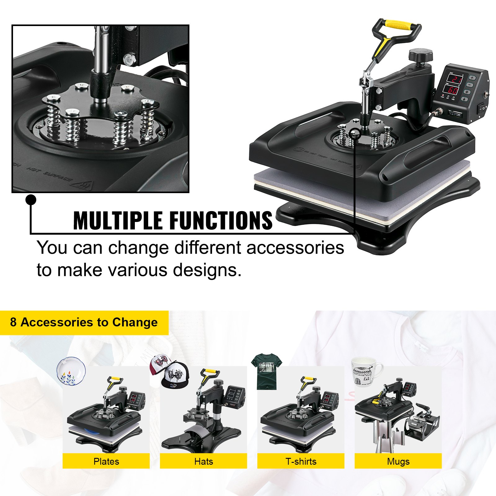 VEVOR 1200 W Hitzepresse 8 in 1 T-Shirtpresse 38 x 38 cm Schwarz Transferpresse Heißpresse T-Shirt zum Aufbringen von Buchstaben Zahlen und Mustern