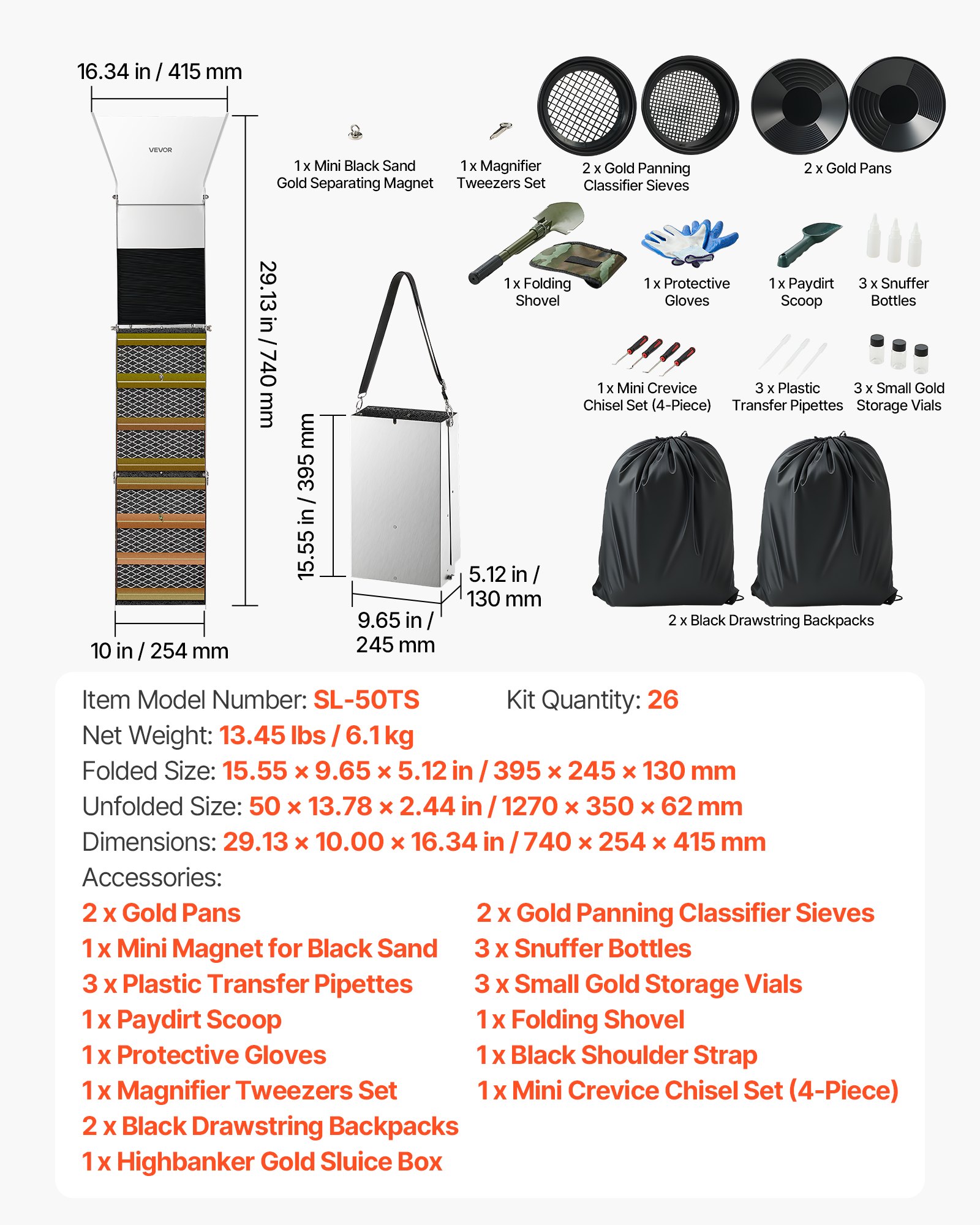 VEVOR Highbanker Goldwaschset 127 cm (50 Zoll), 3-in-1 Faltbare Goldwaschrinne aus Aluminiumlegierung, 26-tlg. Tragbares Prospektionsset mit Goldwaschpfannen, Klassiersieb, Magnet, Rucksack, Zubehör
