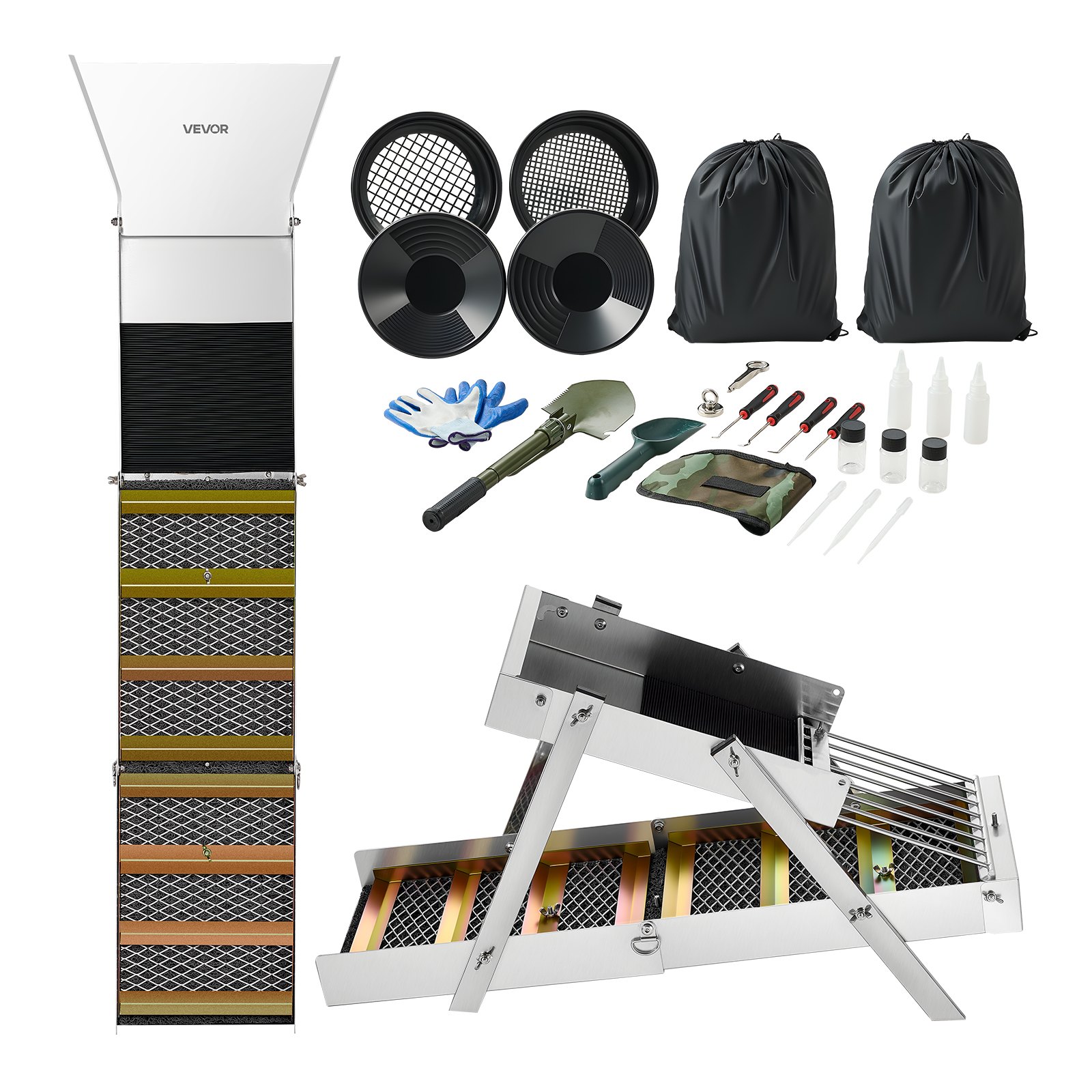 VEVOR Highbanker Goldwaschset 127 cm (50 Zoll), 3-in-1 Faltbare Goldwaschrinne aus Aluminiumlegierung, 26-tlg. Tragbares Prospektionsset mit Goldwaschpfannen, Klassiersieb, Magnet, Rucksack, Zubehör