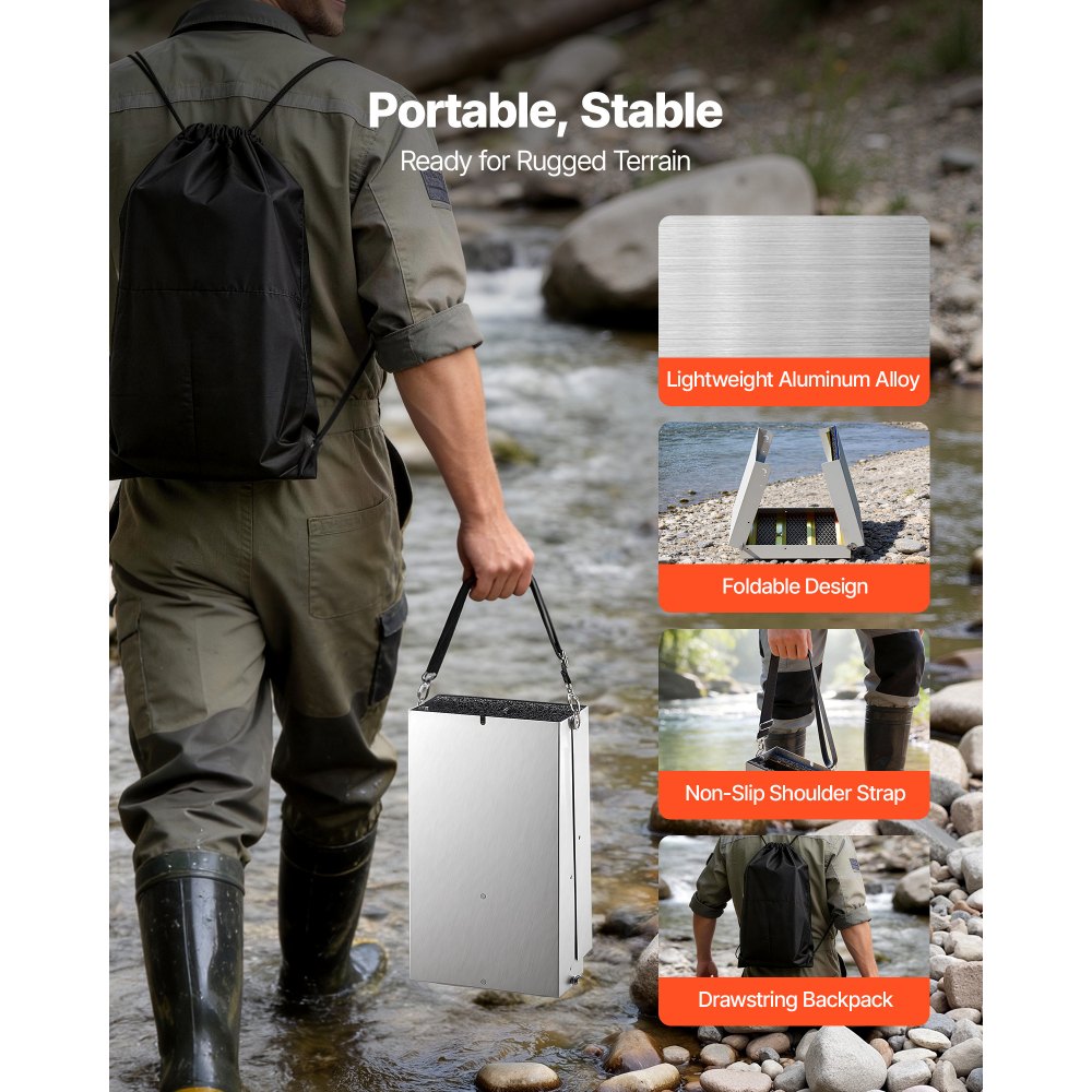 VEVOR Highbanker-Goldwaschrinne 127 cm, 2-in-1 Faltbare Highbanker-Waschrinne, Aluminiumlegierung, Bergbauausrüstung mit Rucksack und Schutzhandschuhen, Ideal für Bäche, Flussufer und Flüsse