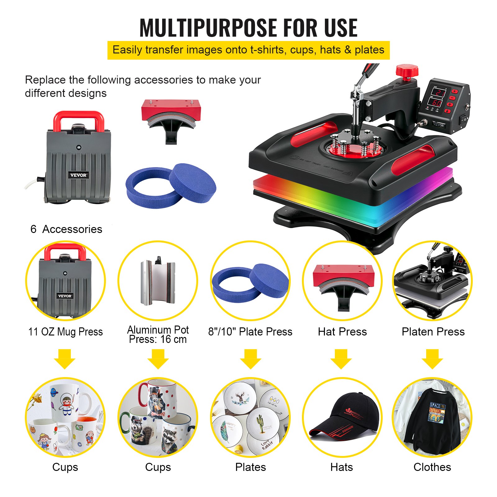 Vevor Hitzepresse 6 In 1 1000 W 38 X 38 Cm T-shirtpresse Transferpresse T-shirt