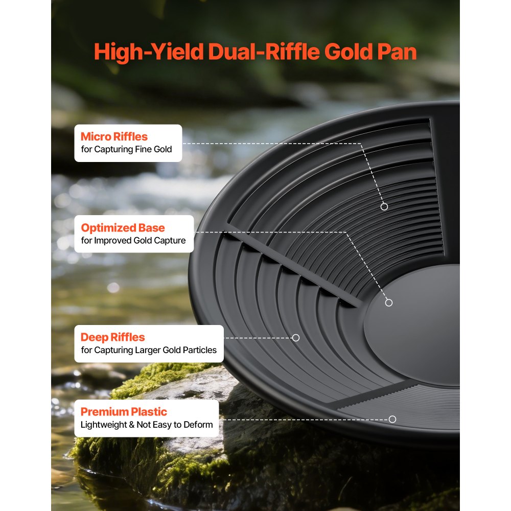 VEVOR Gold Panning Kit, 254 mm and 355 mm Pans, 19 PCS Portable Prospecting Equipment Kit with Classifier Sieves, Sand Magnet, Rock Pick, Scoops, Backpack, and Accessories, for Outdoor Gold Recovery