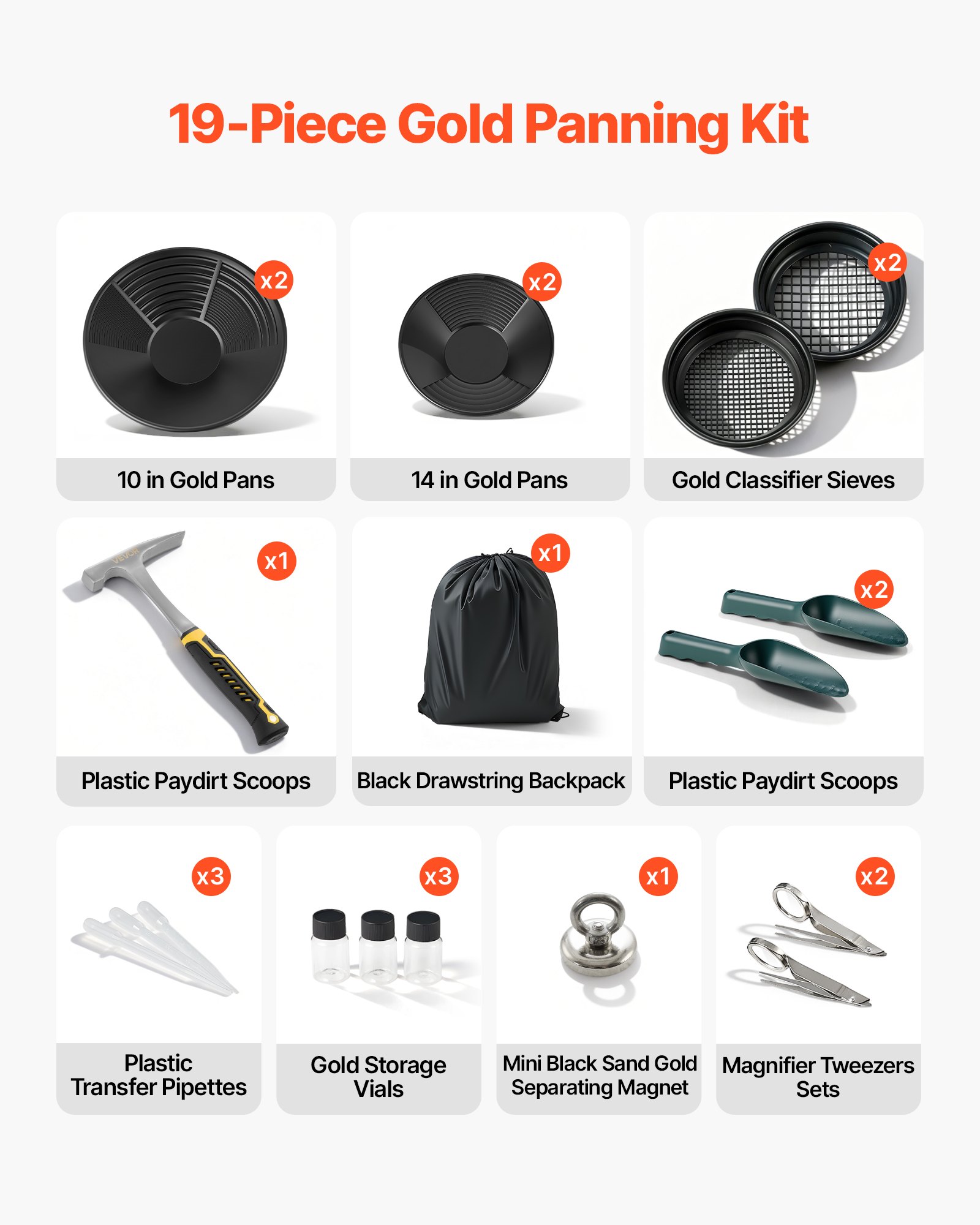 VEVOR Gold Panning Kit, 254 mm and 355 mm Pans, 19 PCS Portable Prospecting Equipment Kit with Classifier Sieves, Sand Magnet, Rock Pick, Scoops, Backpack, and Accessories, for Outdoor Gold Recovery