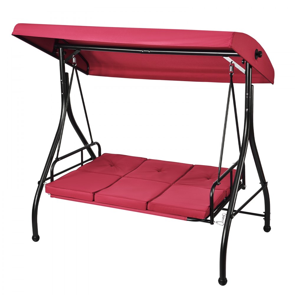 VEVOR 3-Sitzer-Terrassenschaukelstuhl, Hollywoodschaukel mit verstellbarem Baldachin, abnehmbarem, Kissen und Rahmen aus legiertem Stahl, für Balkon, Hinterhof, Poolrand, Burgunderrot