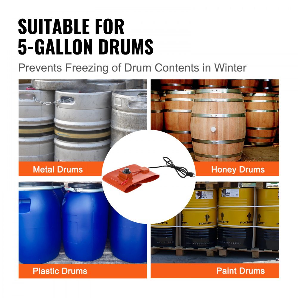 VEVOR Metal Drum Heater, 800 Watts, 7.75 Inch Wide, Bucket Heating Band for 5-Gallon Drums, Adjustable Thermostat from 86-302°F, High-Efficiency Silicone Grease Drum Heater, CE Approved, Orange