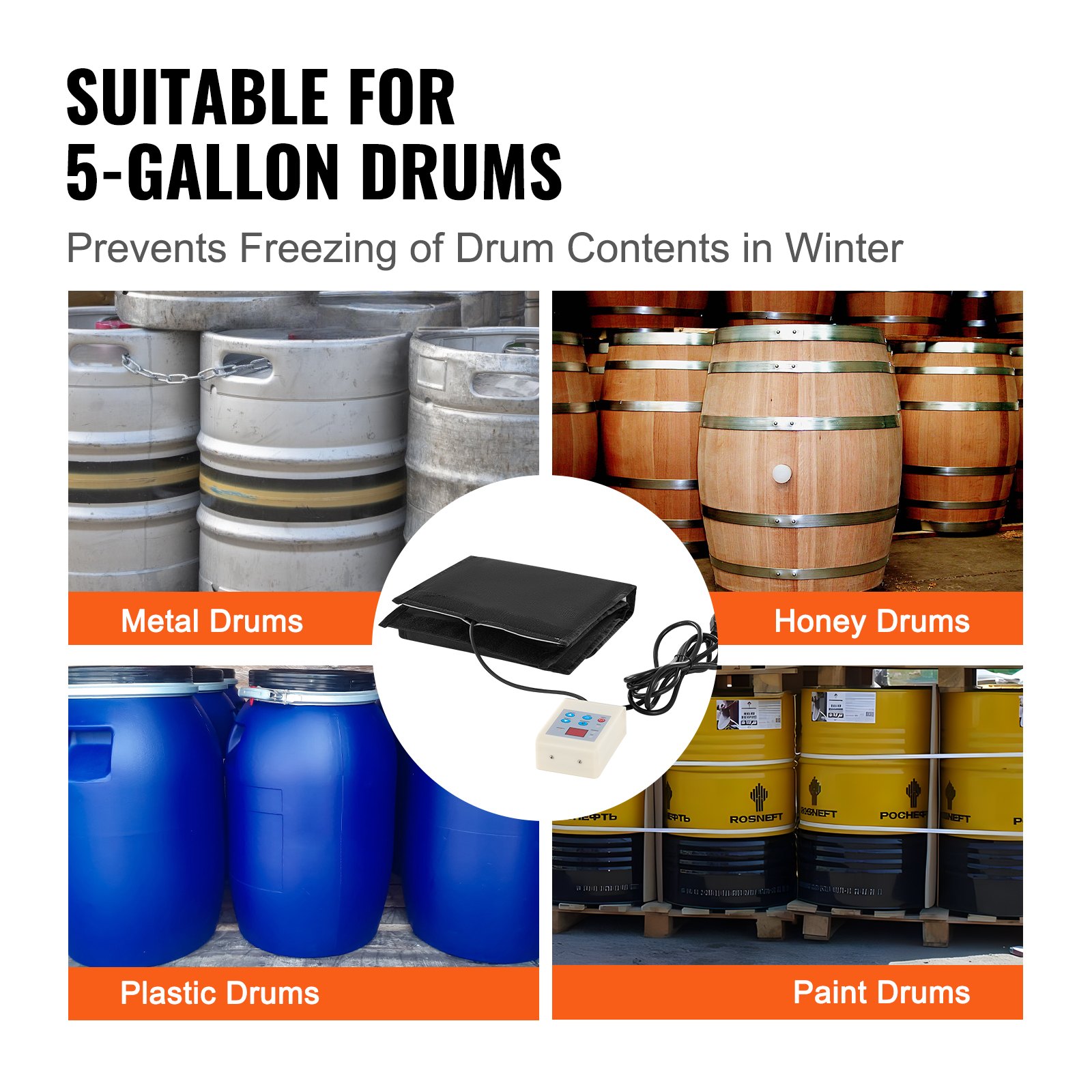 VEVOR Metal Drum Heater, 250 Watts, Bucket Heating Band for 5-Gallon Drums, 0-145°F Adjustable with Separate Thermostat, Waterproof High-Efficiency Grease Drum Heater Made of Oxford Fabric, CE Listed