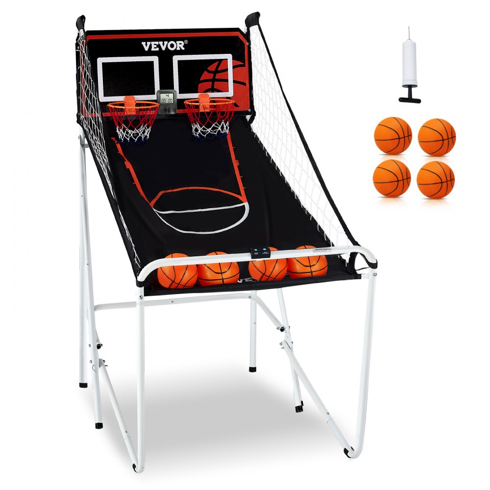 Das Basketball-Arcade-Spiel von VEVOR umfasst Basketbälle, eine Pumpe, Doppelkörbe, ein Netz und eine elektronische Anzeigetafel.