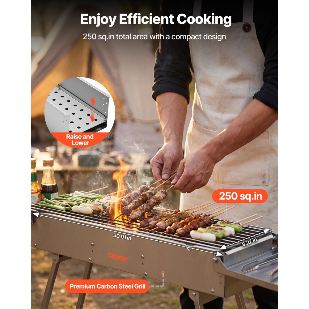 VEVOR Faltbarer Holzkohlegrill 0,16 m², Tragbarer Holzkohlegrill mit Anhebbarer Holzkohleschale & Seitentischen, Campinggrill aus Gebürstetem Edelstahl für Outdoor-Camping, Gartenpartys, Picknickgrill