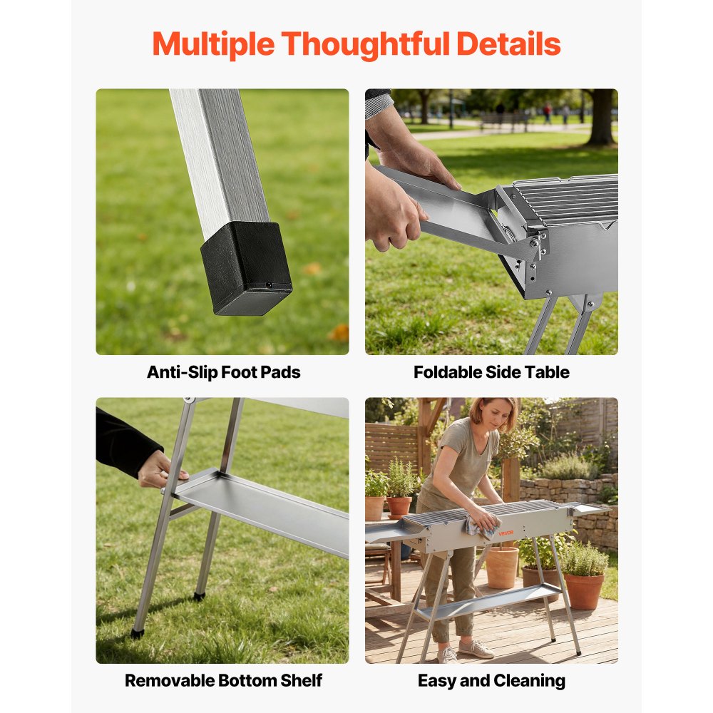 VEVOR Faltbarer Holzkohlegrill 0,16 m², Tragbarer Holzkohlegrill mit Anhebbarer Holzkohleschale & Seitentischen, Campinggrill aus Gebürstetem Edelstahl für Outdoor-Camping, Gartenpartys, Picknickgrill