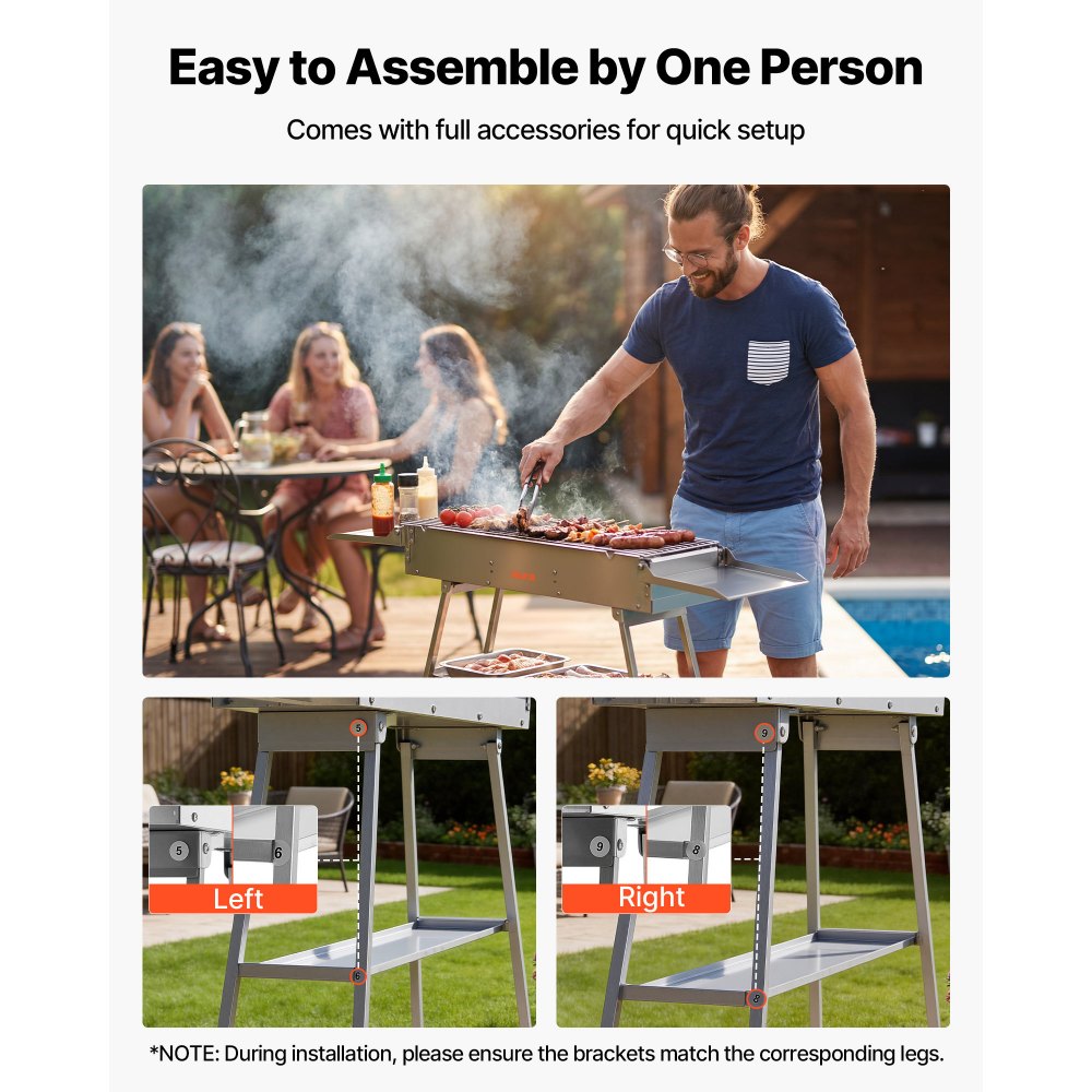 VEVOR Faltbarer Holzkohlegrill 0,16 m², Tragbarer Holzkohlegrill mit Anhebbarer Holzkohleschale & Seitentischen, Campinggrill aus Gebürstetem Edelstahl für Outdoor-Camping, Gartenpartys, Picknickgrill