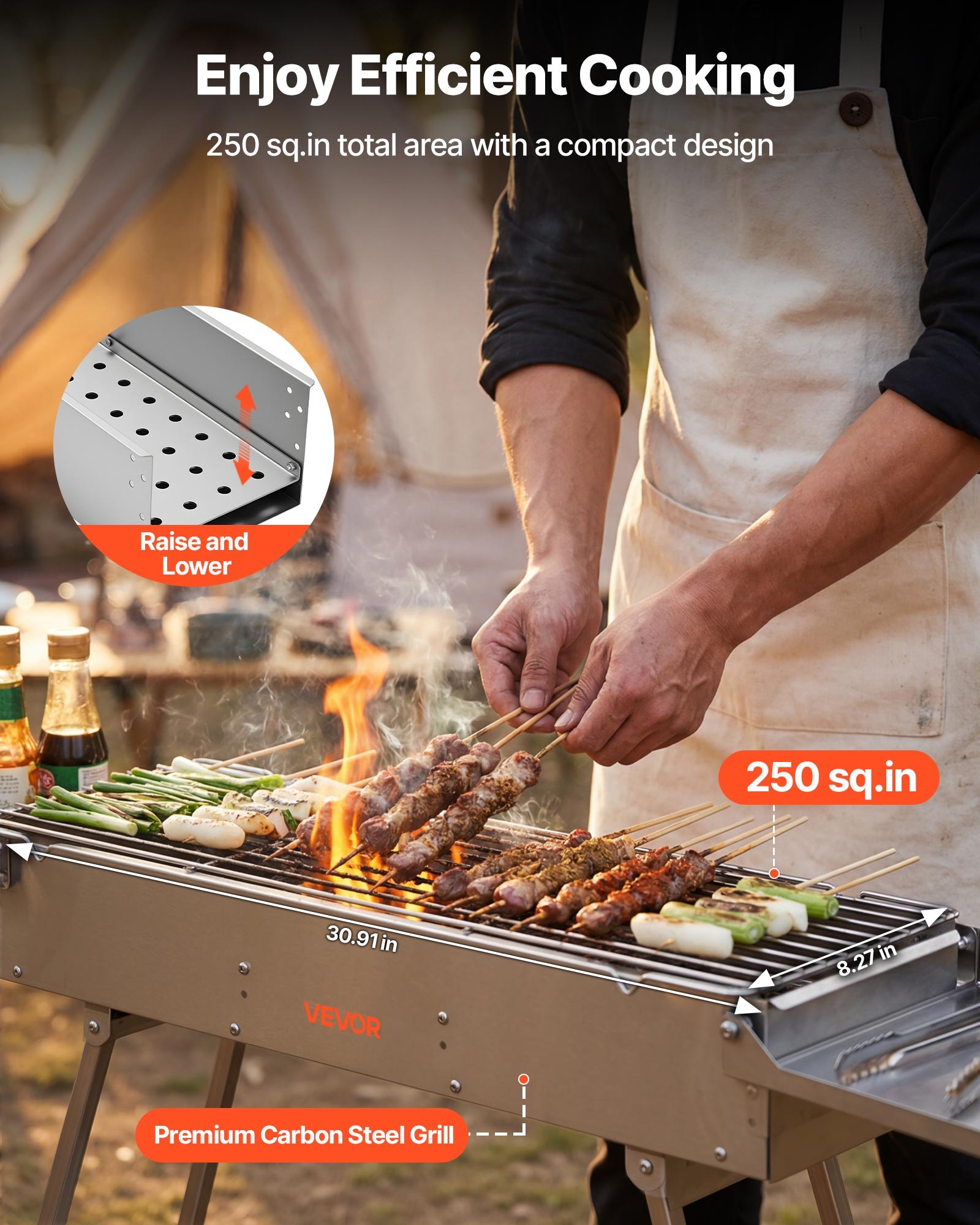 VEVOR Faltbarer Holzkohlegrill 0,16 m², Tragbarer Holzkohlegrill mit Anhebbarer Holzkohleschale & Seitentischen, Campinggrill aus Gebürstetem Edelstahl für Outdoor-Camping, Gartenpartys, Picknickgrill