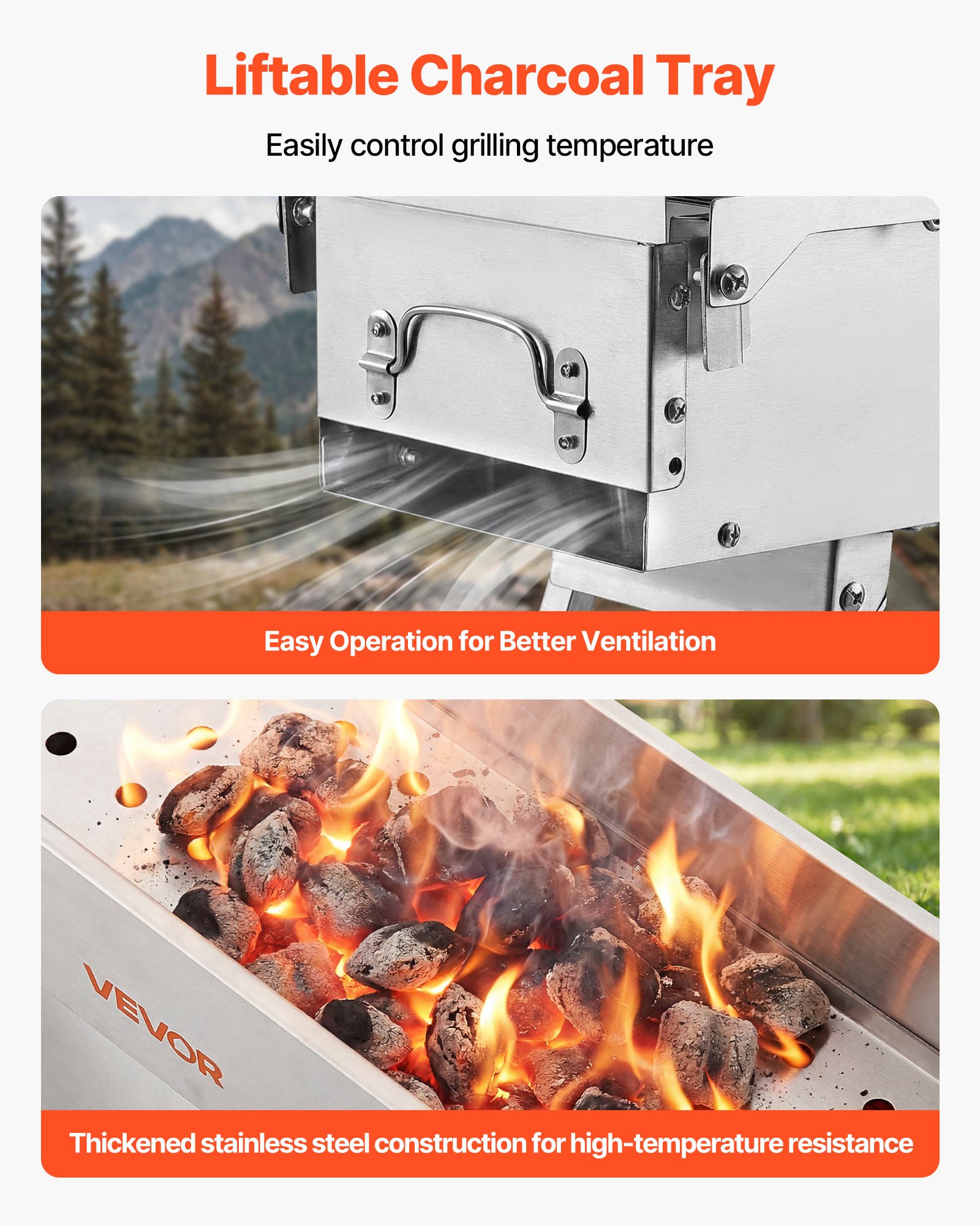 VEVOR Faltbarer Holzkohlegrill 0,16 m², Tragbarer Holzkohlegrill mit Anhebbarer Holzkohleschale & Seitentischen, Campinggrill aus Gebürstetem Edelstahl für Outdoor-Camping, Gartenpartys, Picknickgrill