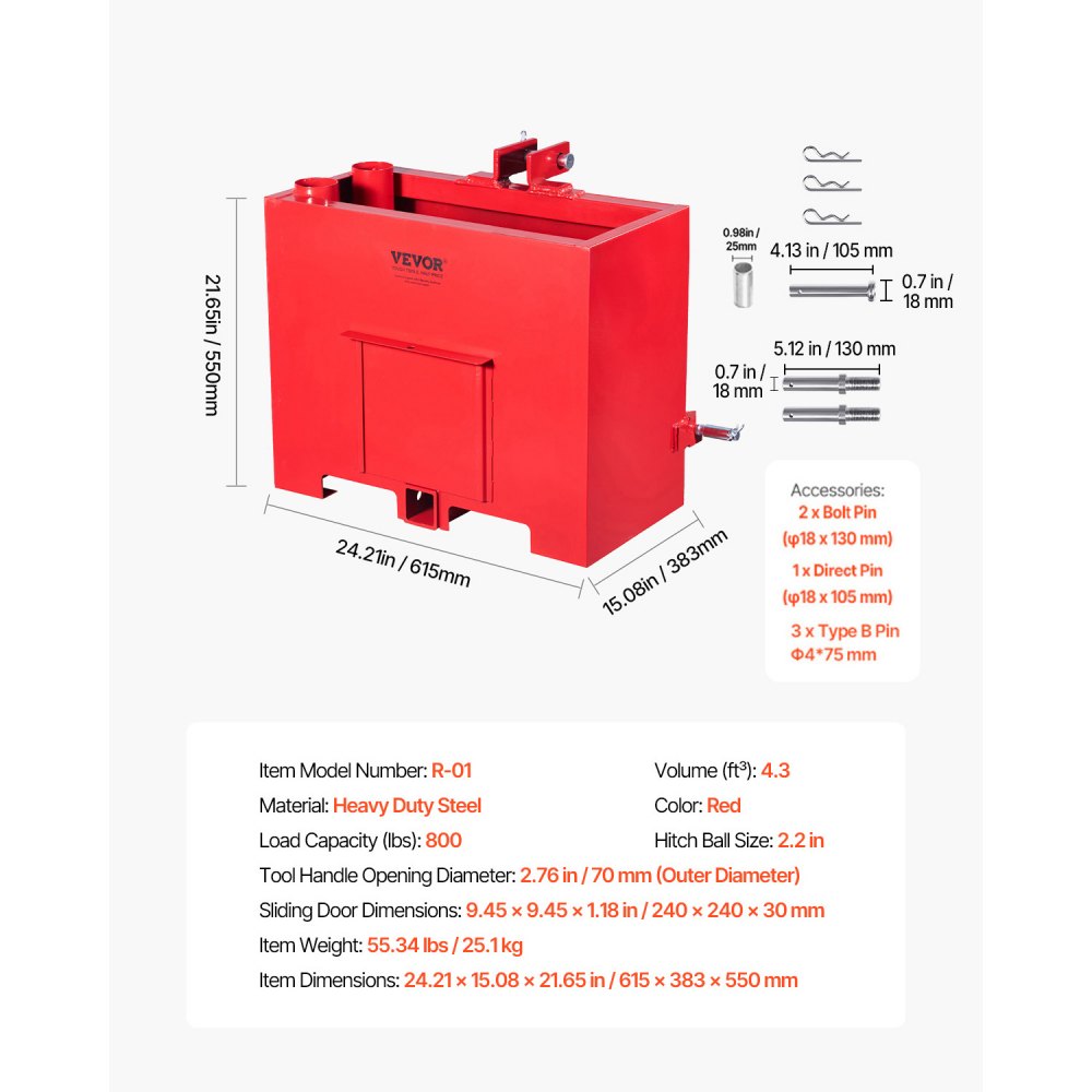 VEVOR Anhängerkupplungsvorschaltgerät, 3-Punkt-Traktor Ballast Box der Kategorie 1 mit einer Kapazität von 363 kg, für 5,6 cm Anhängerkupplung, Stahl Großraumladeraufsatz mit Schiebetür, rot