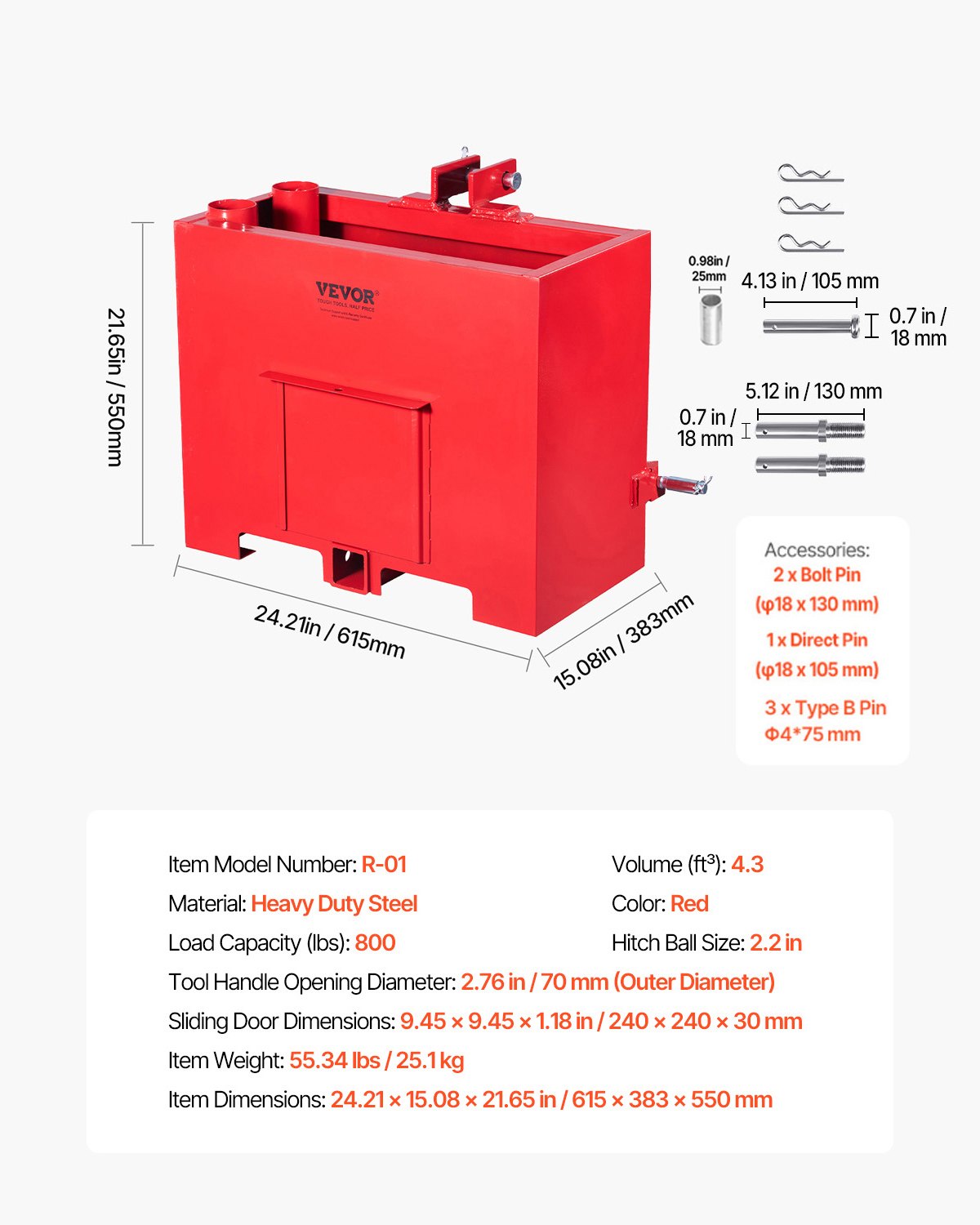 VEVOR Anhängerkupplungsvorschaltgerät, 3-Punkt-Traktor Ballast Box der Kategorie 1 mit einer Kapazität von 363 kg, für 5,6 cm Anhängerkupplung, Stahl Großraumladeraufsatz mit Schiebetür, rot