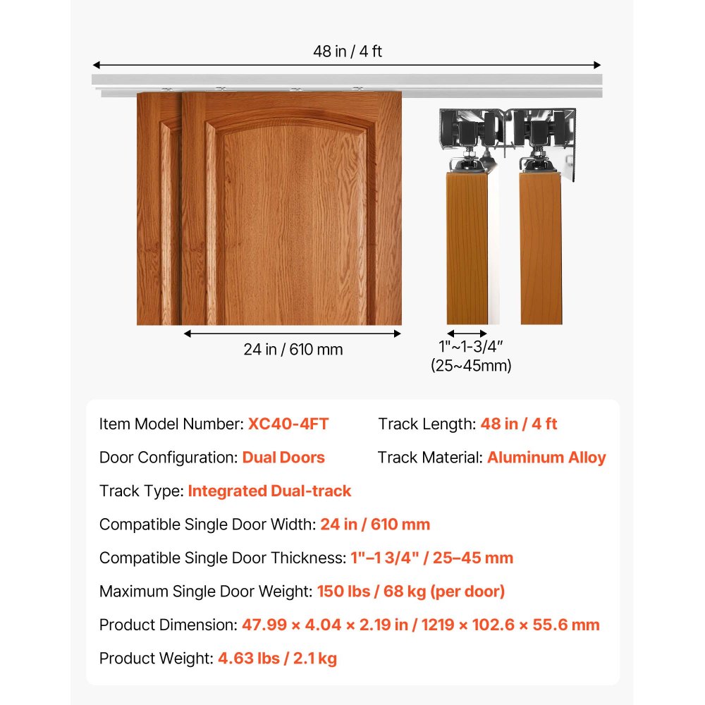 VEVOR Schiebetürbeschlag-Set 1219 mm, Doppelschiebetürschiene aus Aluminiumlegierung, 2-türiges Schiebetürsystem für Einzeltüren (25–45 mm Dicke / 610 mm Breite), Leichtgängig & Leise