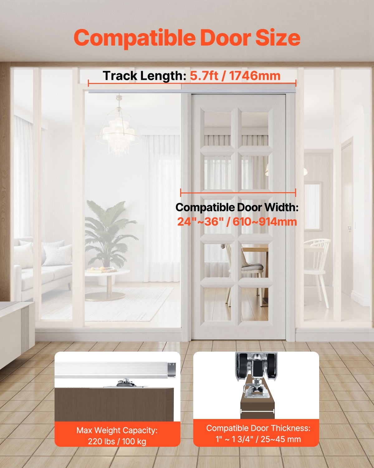 VEVOR Schiebetür-Beschlagschienensatz Schiebetürsystem 1746 mm Beschlagsatz für 610–914 mm breite Einzeltüren, reibungslos und einfach zu installieren Schiebetürbeschlag 100 kg belastbar