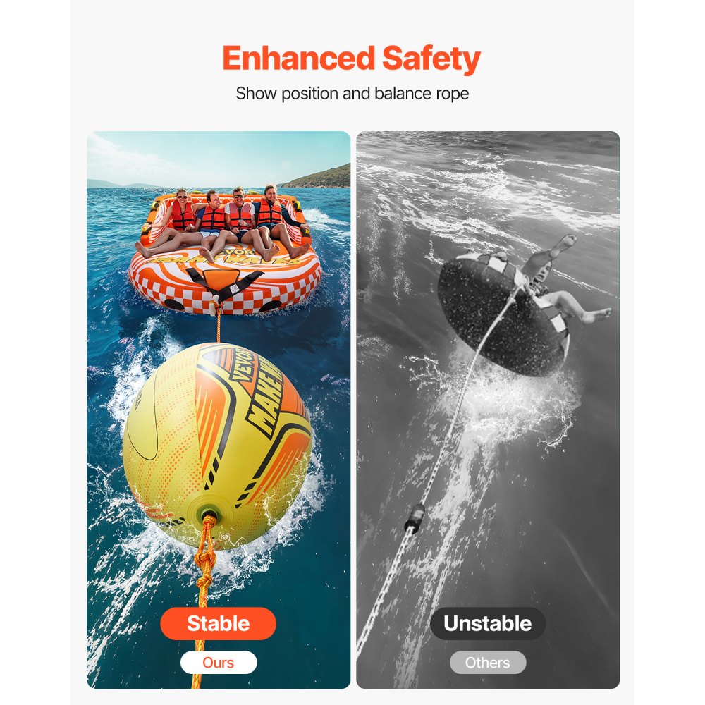 VEVOR Booster Ball Towable Tube Rope Performance Ball, Aufblasbare Bälle aus verdicktem PVC für Bootfahren und Wassersport – mit Seil mit hoher Zugfestigkeit und Geschwindigkeits-Sicherheitsventil