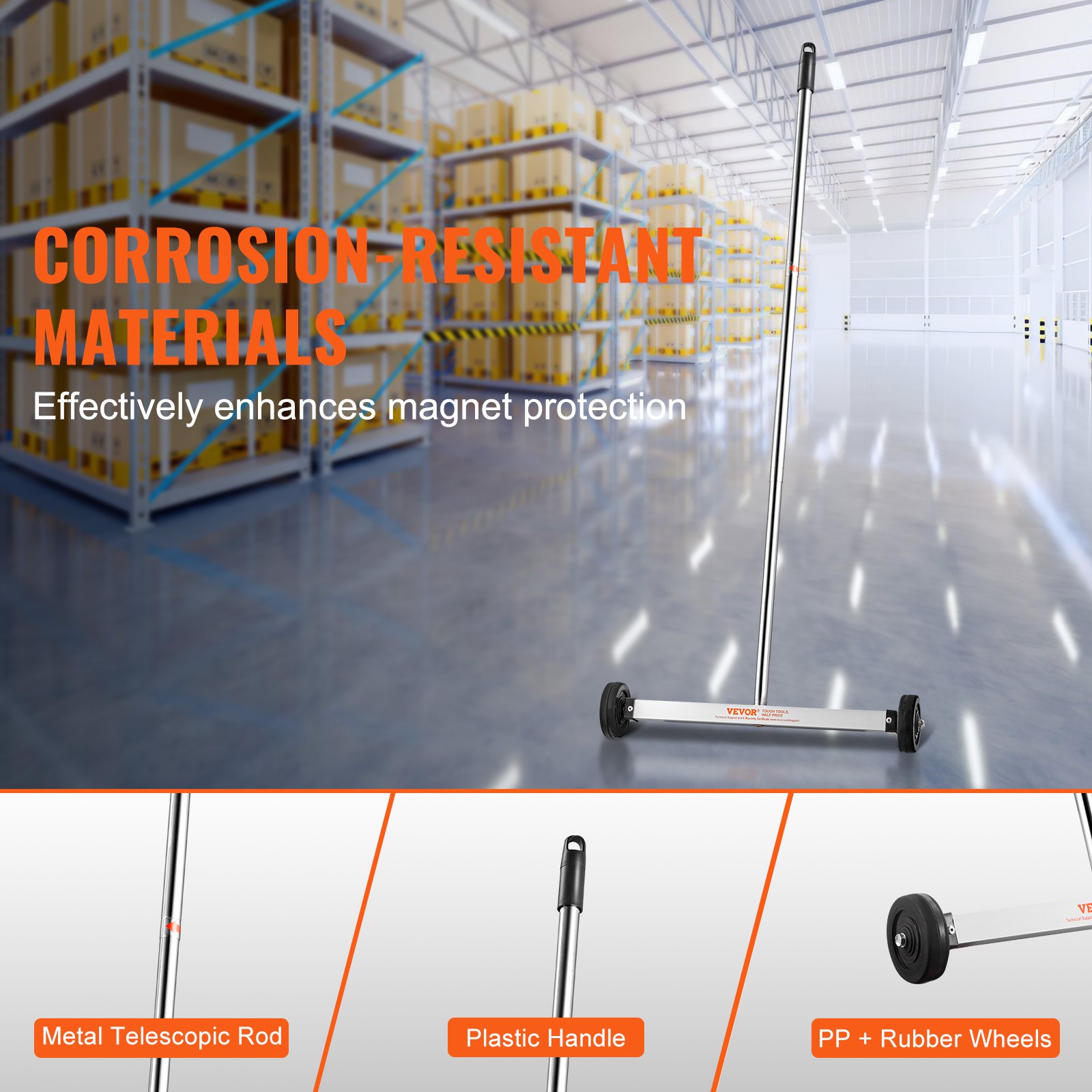 VEVOR Magnetkehrmaschine mit Rädern, 17 Zoll Mini-Magnetkehrmaschine, 10 lbs Kapazität, verstellbarer Griff, leichte Magnetkehrmaschine zum Aufsammeln von Nägeln und Schrauben, einfaches Aufräumen der Werkstattgarage